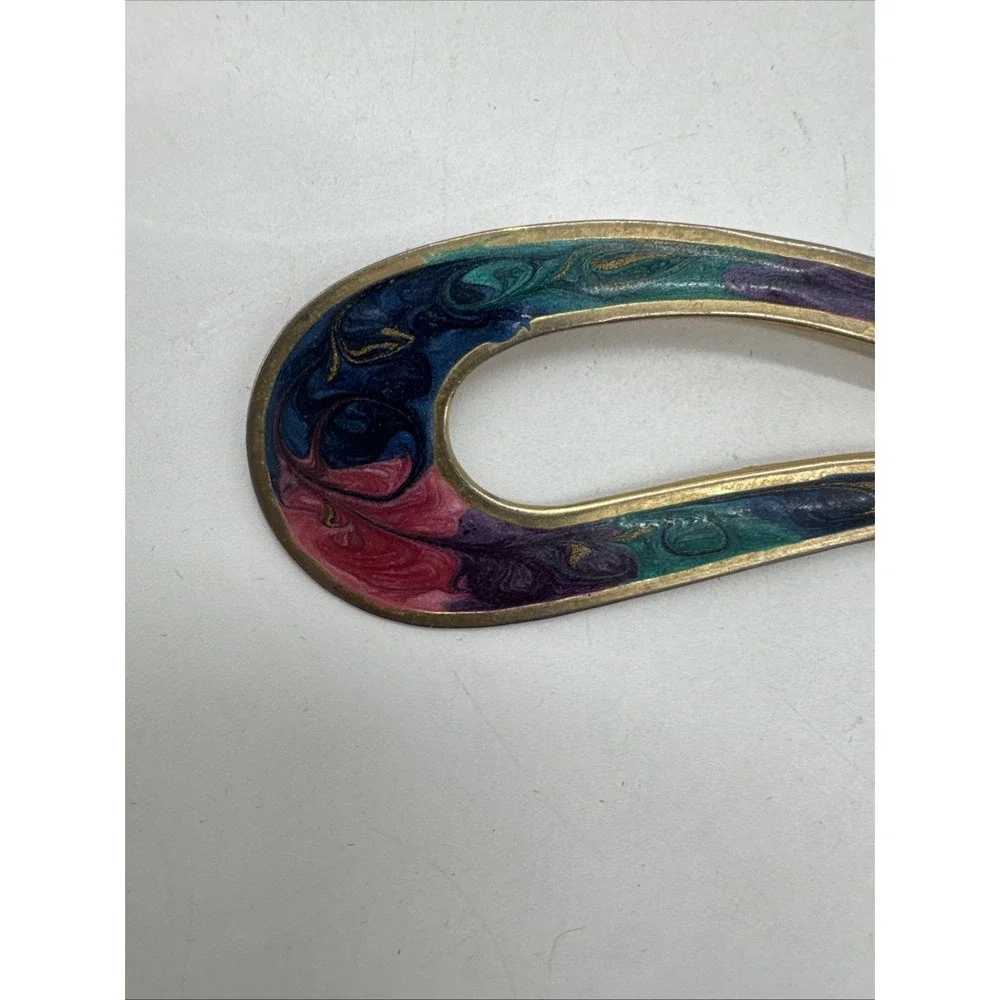 Vintage Paisley Enamel Brooch Gold Tone Pink Teal‎ Purple Teardrop Pin 4